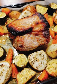 塩麹漬け豚肉と野菜のオーブン焼き