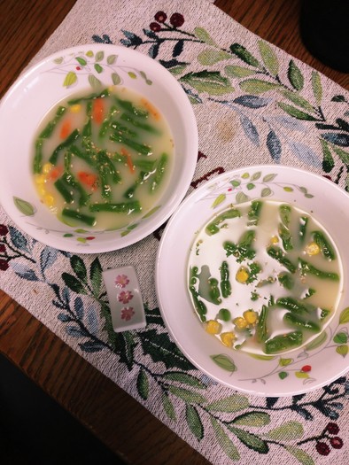 コーンスープにレンジ加熱トウロク豆と人参の写真