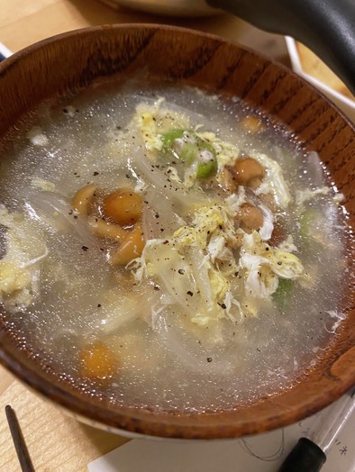 ゼンブヌードル　ソイミート　茹で汁スープの写真