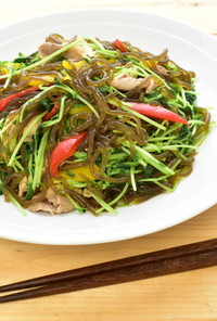 豆苗とパプリカの焼きもずく麺