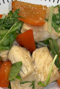 鶏肉と水菜のガーリック炒め