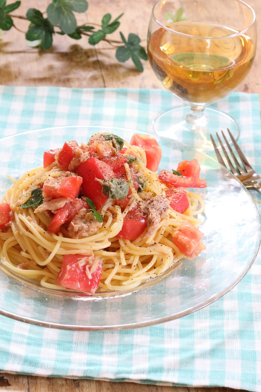 トマトと大葉の冷製ツナパスタの画像