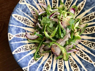 紫玉葱とピーマンとパクチーの癖サラダの写真