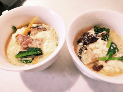 豚と小松菜の豆乳 酸辣湯風スープの写真