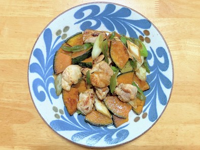 鶏むね肉とカボチャと長ネギの中華炒めの写真