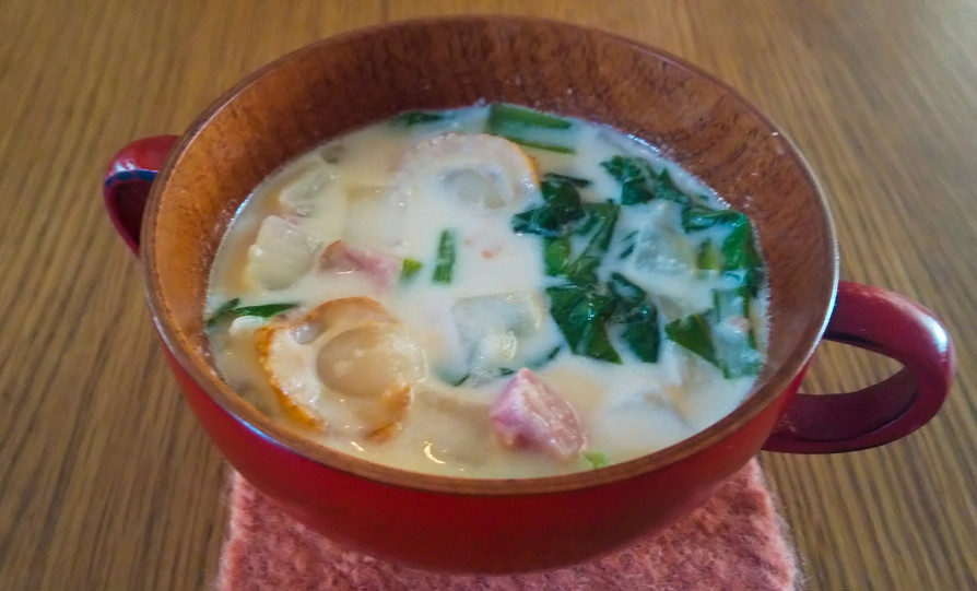 ホタテと小松菜の酒粕スープの画像