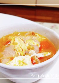 風邪対策☆豚バラとトマ玉の卵スープ