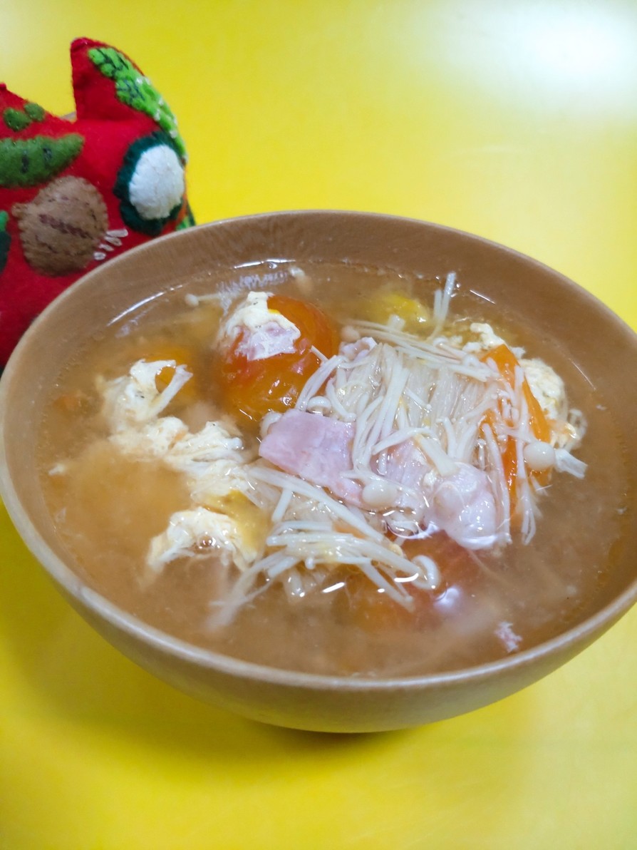 ミニトマトとえのきの玉子スープ　の画像