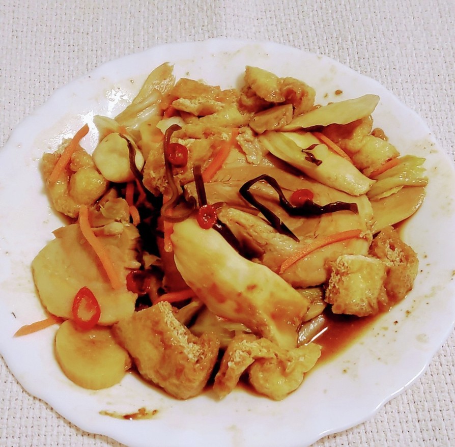 白菜漬物豚バラエリンギ油揚げ赤味噌煮浸しの画像
