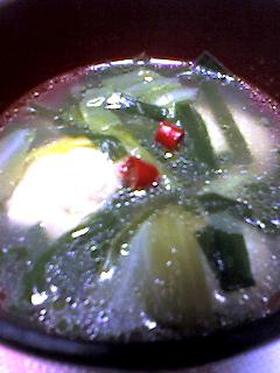 にらとつくねのピリ辛中華スープ
