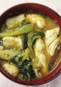 小松菜と 椎茸 鶏ささみの お味噌汁