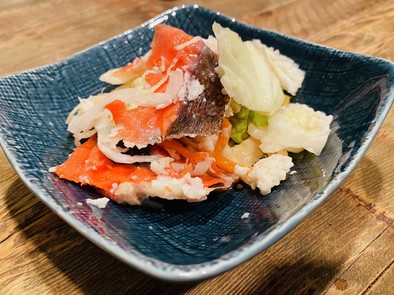 鮭の飯寿司　冷蔵庫　卓上漬物器　野菜多めの写真