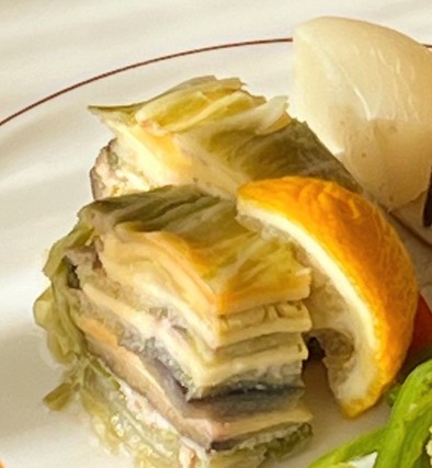 Xmasに野菜と豚肉チーズのミルフィーユの写真