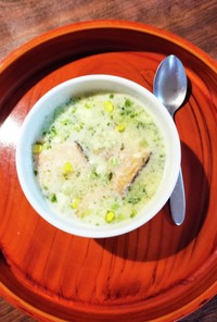 鮭と大根菜の即席豆乳ポタージュスープ