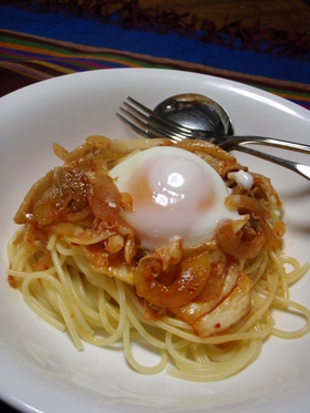 ☆温泉卵でとろ~り豚キムチパスタ☆