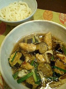 茄子とツルツルささみのつけうどん