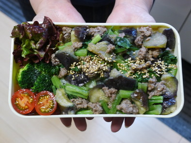 レンジ簡単★ひき肉となすと小松菜の丼弁当の写真