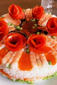 サーモン薔薇で豪華に！お寿司ケーキ！