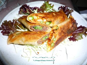 にんにくの芽と牛肉★キムチ納豆の春巻き
