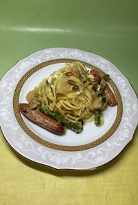 小松菜、アスパラ、じゃがのペペロンチーノ