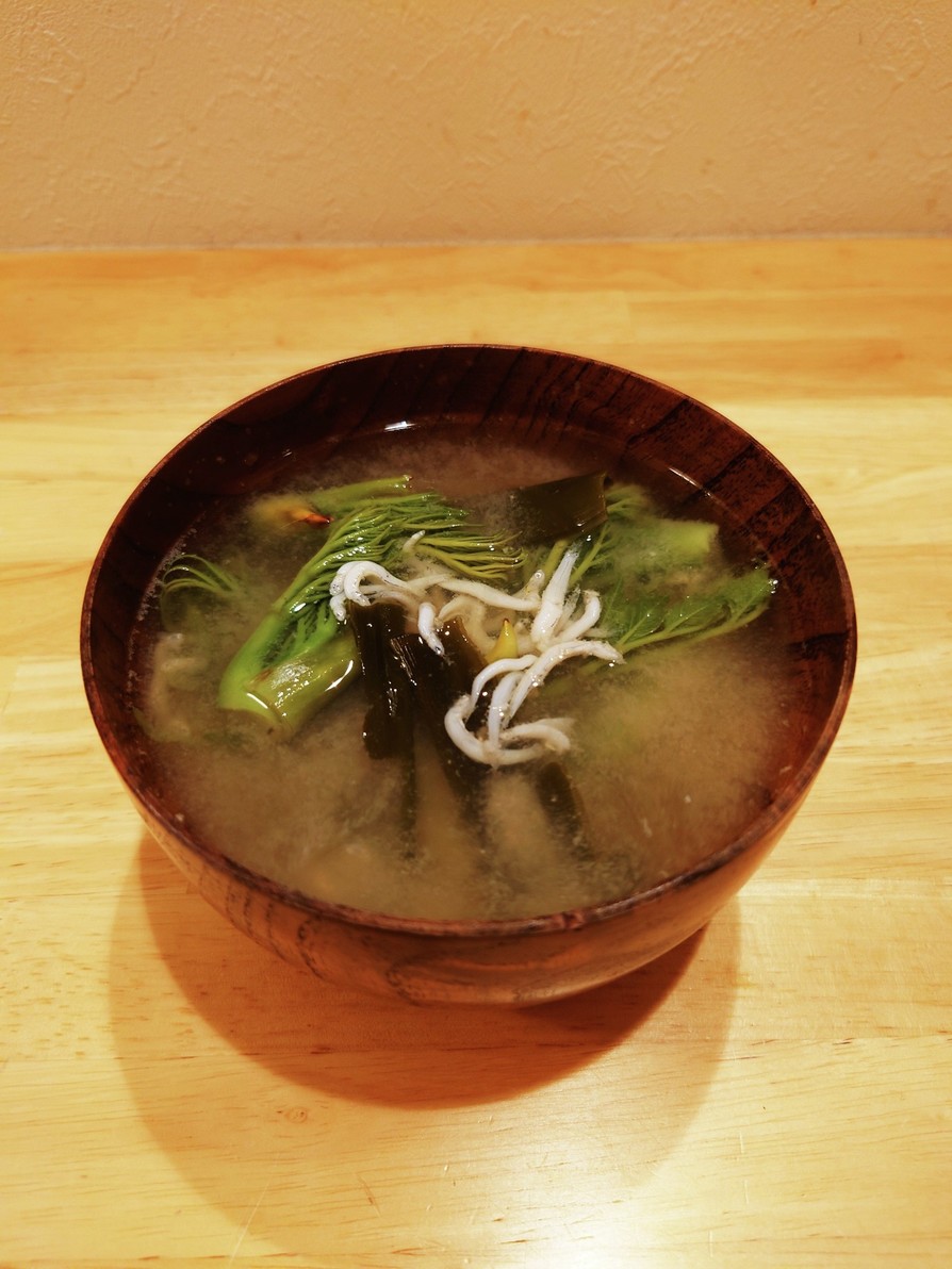 タラの芽としらすの味噌汁の画像