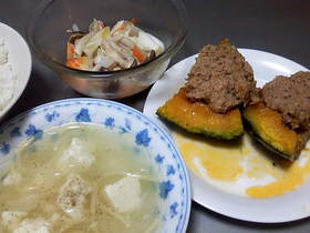【簡単】一度に3品:南瓜の肉詰め蒸し他