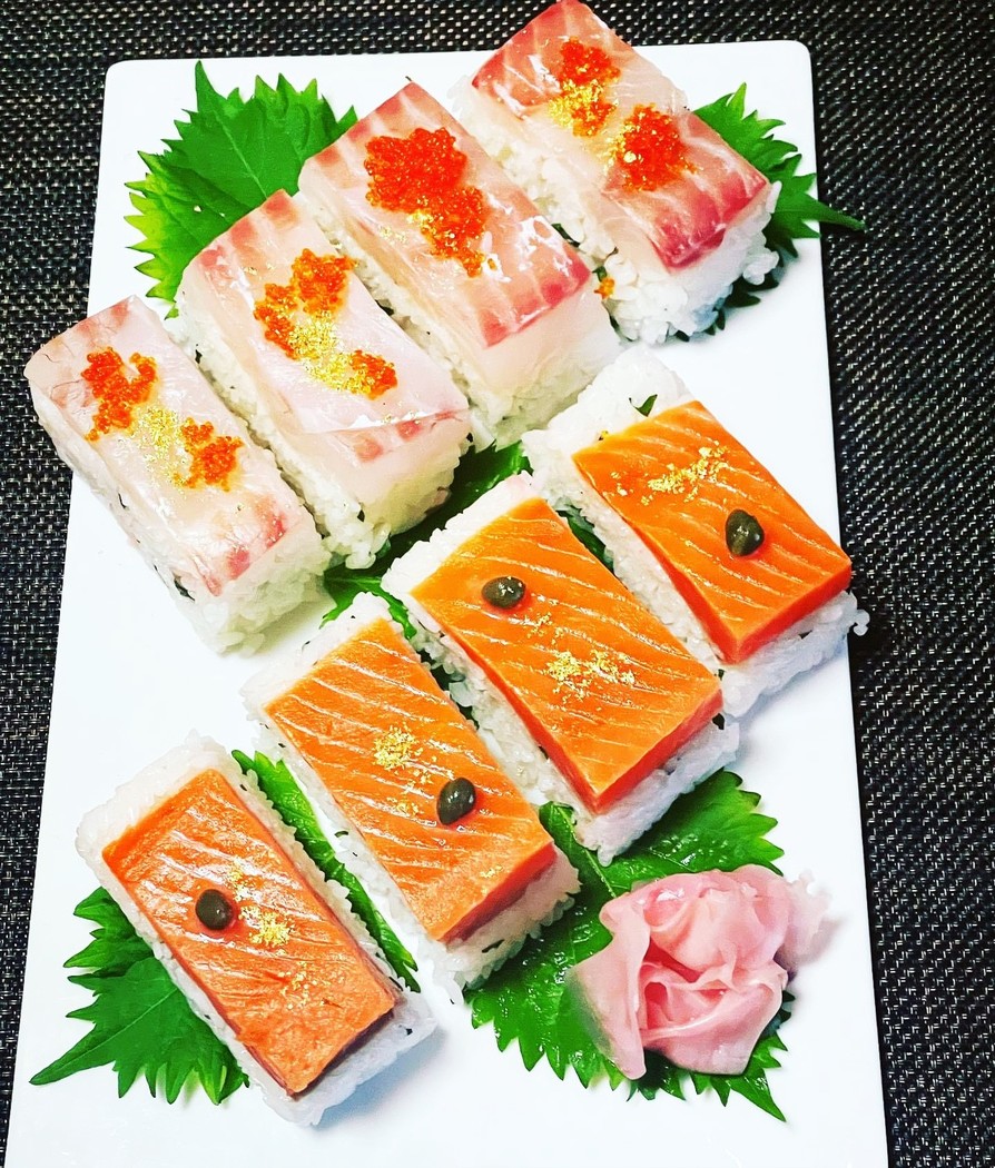 鯛とサーモンの押し寿司の画像