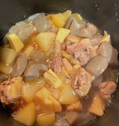 鶏肉こんにゃく大根タケノコの簡単な煮物の写真