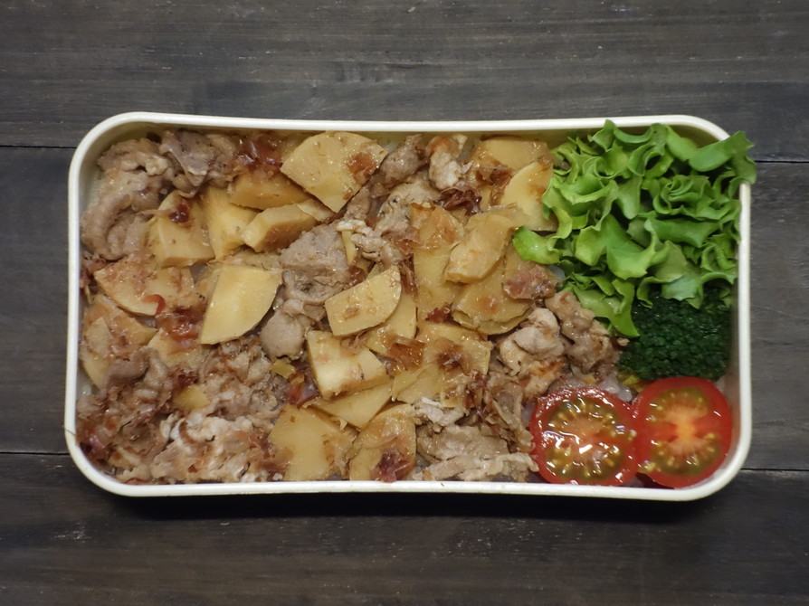レンジで★たけのこと豚肉の土佐煮の丼弁当の画像