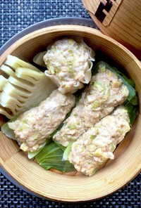 青梗菜で鶏もも竹の子シュウマイ