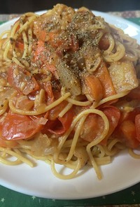 スパゲティ・そば湯のトマト煮込み