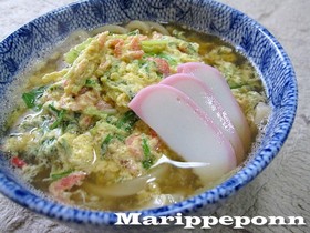 水菜と小海老のかき玉うどん
