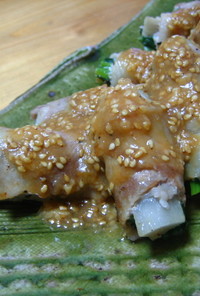 小松菜＆牛蒡の豚バラ巻き☆酢味噌タレで！