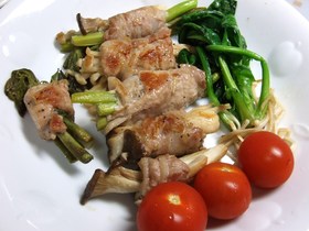 キノコと野菜(タラの芽付き)の豚肉巻き