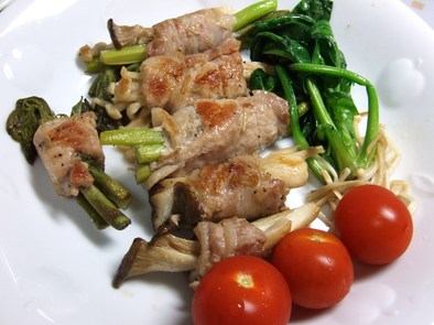 キノコと野菜(タラの芽付き)の豚肉巻きの写真