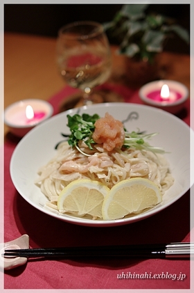 れんこんとイカ明太麺 レモンをかけて!