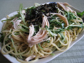 簡単鶏ささみと水菜の和風バター醤油パスタ