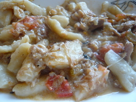 鶏のラグーソースの豆乳パスタ