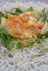 三種の緑黄野菜と半熟卵の巣ごもりサラダ