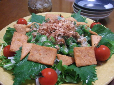 海老チップスと納豆のサラダの写真