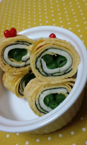 □いんげんチーズ海苔くるくる卵巻き□