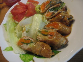 ★豚しゃぶ肉で野菜巻き巻き照り焼き★