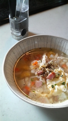パスタのゆで汁でエコスープ