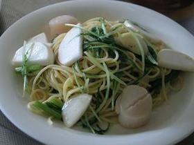 蕪とホタテと水菜の和風パスタ