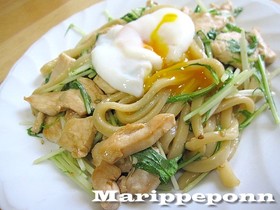 水菜と鶏胸肉で焼きうどん