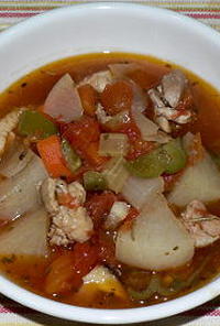 圧力鍋で、鶏もも肉と野菜のトマトスープ煮