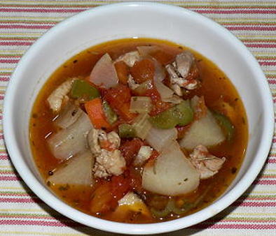 圧力鍋で、鶏もも肉と野菜のトマトスープ煮の写真