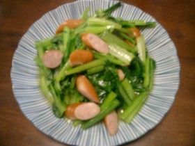 シャンタンで小松菜とウィンナーの炒め物