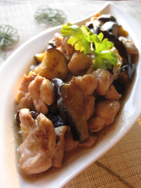 鶏肉と茄子のマスタード醤油炒め