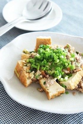 ネギたっぷり!厚揚げと豚ひき肉の味噌炒め
